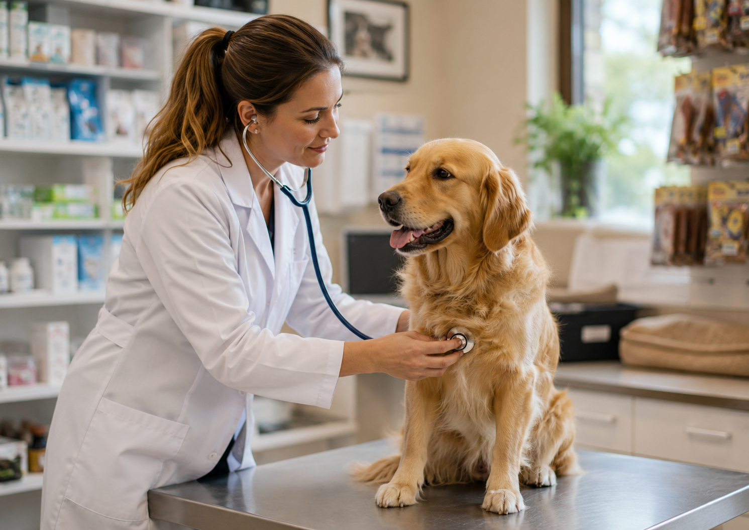 Consulta veterinária examinando cachorro em clínica