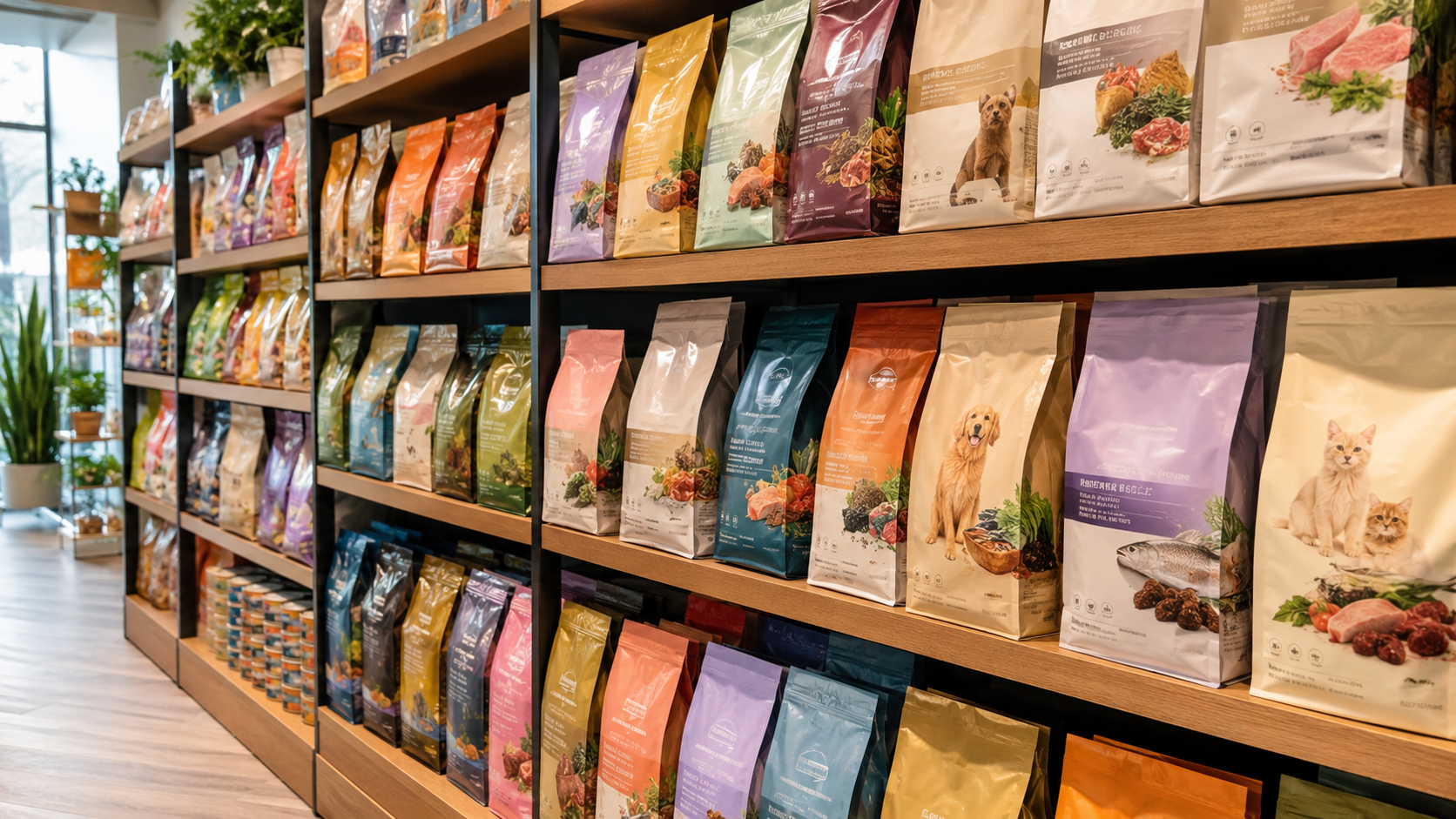 Prateleira de rações premium e super premium organizadas em pet shop